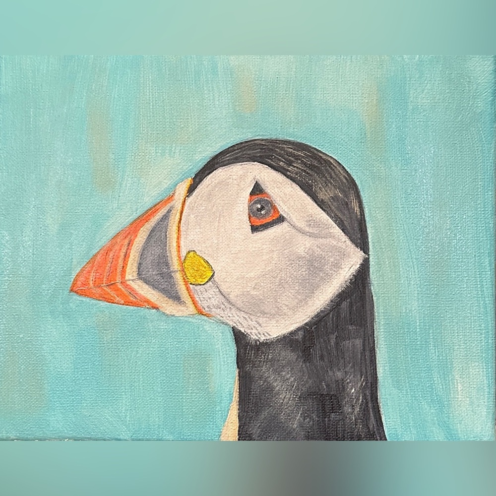 Puffin Portrait Canvas Art in Black, White, and Orange Painting